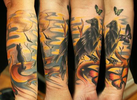 Ryan Mullins - raven butterfly and cat tattoo